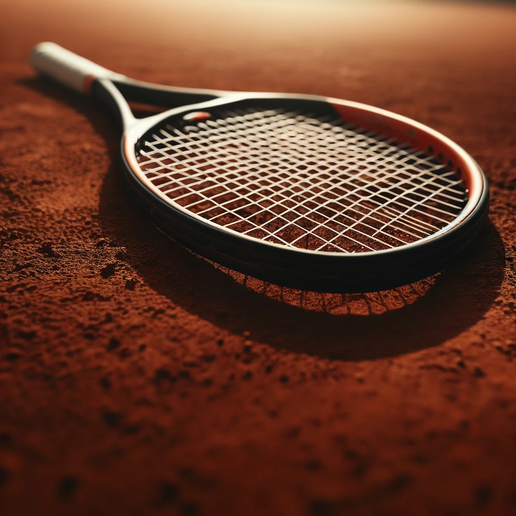 DALL·E 2024-04-14 13.48.35 – A close-up image of a tennis racket lying on a clay court. The focus is on the textured surface of the red clay, with the racket prominently displayed