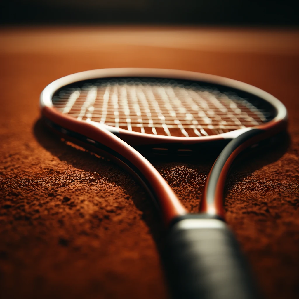 DALL·E 2024-04-14 13.48.56 – A close-up image of a tennis racket lying on a clay court. The focus is on the textured surface of the red clay, with the racket prominently displayed